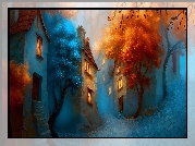 Domy, Uliczki, Niebieskie, Czerwone, Drzewa, Grafika AI