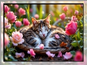 Ogród, Kot, Sen, Kwiaty, Róże, AI