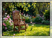 Ogród, Krzesło, Kwiaty, Drzewo