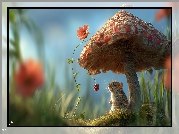 Myszoskoczek, Grzyb, Malina, Trawa, Kwiat, Grafika AI