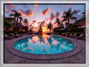 Basen, Dom, Palmy, Zachód słońca, Grafika AI