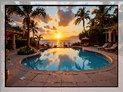 Basen, Palmy, Morze, Zachód słońca, Grafika AI