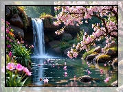 Las, Mały, Wodospad, Rzeka, Skała, Kwiaty, Drzewa, Rośliny, Wiosna