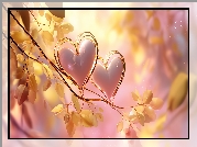 Dwa, Różowe, Serca, Gałązka, Żółte, Liście, Grafika AI