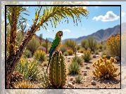 Zielona, Papuga, Kaktus, Rośliny, Kamienie