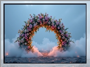 Kwiaty, Łuk, Różowe, Róże, Mgła, Piasek, Grafika