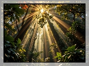 Las, Drzewa, Przebijające światło, Liście, Grafika AI