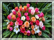 Bukiet, Kwiaty, Róże, Tulipany, Listki