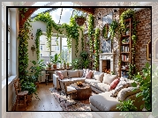 Salon, Kanapa, Krzesła, Kominek, Kwiaty