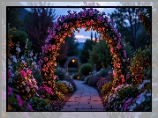 Ogród, Kwiatowy, Łuk, Kolorowe, Kwiaty, Drzewa, Alejka