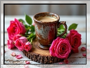 Kubek, Filiżanka, Kawa, Róże, Drewno