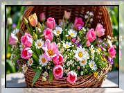 Kwiaty, Tulipany, Stokrotki, Wiosenny, Bukiet, Koszyk, Grafika AI