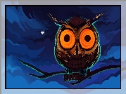 Brązowa, Sowa, Pomarańczowe, Oczy, Gałęzie, Niebieskie, Tło, Grafika