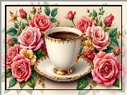 Filiżanka, Talerzyk, Kawa, Róże