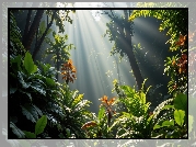 Las, Kwiaty, Rośliny, Przebijające światło, AI