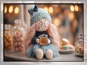 Lalka, Szklanka, Herbata, Ciastka, Cukierki, Grafika AI