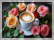 Filiżanka, Kawa, Cappuccino, Talerzyk, Kwiaty, Kolorowe, Róże, AI