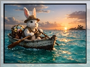 Zając, Czapka, Łódka, Koszyk, Pisanki, Morze, Wielkanoc