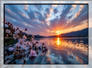 Różowe, Kwiaty, Gałąź, Jezioro, Niebo, Zachód słońca, Grafika AI