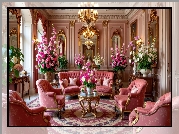 Salon, Sofa, Fotele, Bukiety, Kolorowe, Kwiaty, Stolik, Dywan, Obraz, Lustra