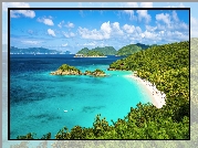 Morze, Wyspa, Plaża, Góry, Drzewa, Niebo, Chmury