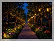 Noc, Ogród, Latarnie, Drzewa, Kwiaty, Ścieżka