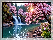 Wiosna, Wodospad, Rzeka, Las, Kwitnące, Drzewa, Zachód słońca, Grafika AI