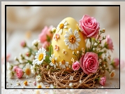 Wielkanoc, Jajko, Żółte, Stokrotki, Róże, Gniazdko
