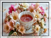 Filiżanka, Herbata, Talerzyk, Kolorowe, Kwiaty