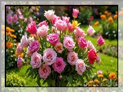 Bukiet, Różowe, Róże, Ogród