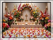 Ołtarzyk, Krzyż, Świece, Bukiety, Kwiaty, Płatki, Kwiatów