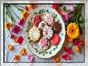 Udekorowane, Ciasteczka, Talerz, Kolorowe, Kwiaty, Gerbery, Białe, Tło