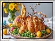 Wielkanoc, Królik, Chleb, Kwiaty, Jajka, Taca, Stół