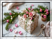 Prezent, Różowe, Kwiaty, Zielone, Gałązki, Płatki, Kwiatów