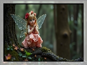 Lalka, Mała, Wróżka, Skrzydła, Drzewo, Grafika AI