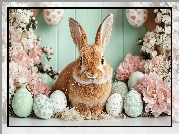 Wielkanoc, Rudy, Królik, Pisanki, Kwiaty