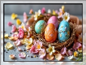 Kolorowe, Jajka, Pisanki, Gniazdo, Płatki, Kwiaty, Wielkanoc