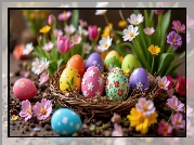 Wielkanoc, Kolorowe, Pisanki, Gniazdko, Kwiaty