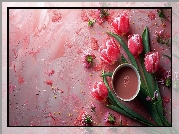 Czerwone, Tulipany, Filiżanka, Różowe, Tło