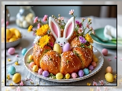 Talerz, Chleb, Pisanki, Zajączek, Kwiaty, Wielkanoc, Grafika AI