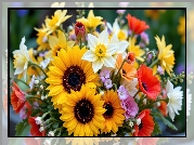 Kwiaty, Słoneczniki, Maki, Narcyzy, Kolorowy, Bukiet