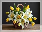 Kwiaty, Białe, Lilie, Żółte, Tulipany, Koszyk