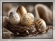 Złote, Pisanki, Gniazdko, Bazie, Wielkanoc, Grafika AI