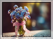 Niezapominajki, Niebieskie, Kwiaty, Wazonik, Różowa, Kokardka, Grafika AI