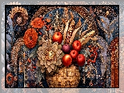 Kosz, Jabłka, Kwiaty, Grafika AI