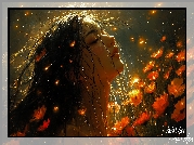 Dziewczyna, Twarz, Włosy, Kwiaty, Grafika AI