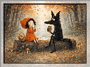Grafika, Bajka, Czerwony Kapturek, Wilk, Kłoda, Drzewa, Jesień, Las