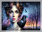 Kobieta, Naszyjnik, Perły, Kruk, Drzewa