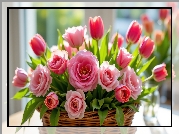 Kwiaty, Różowe, Tulipany, Róże, Koszyk