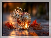 Szklane, Jabłko, Białe, Kwiaty, Liście, Grafika AI